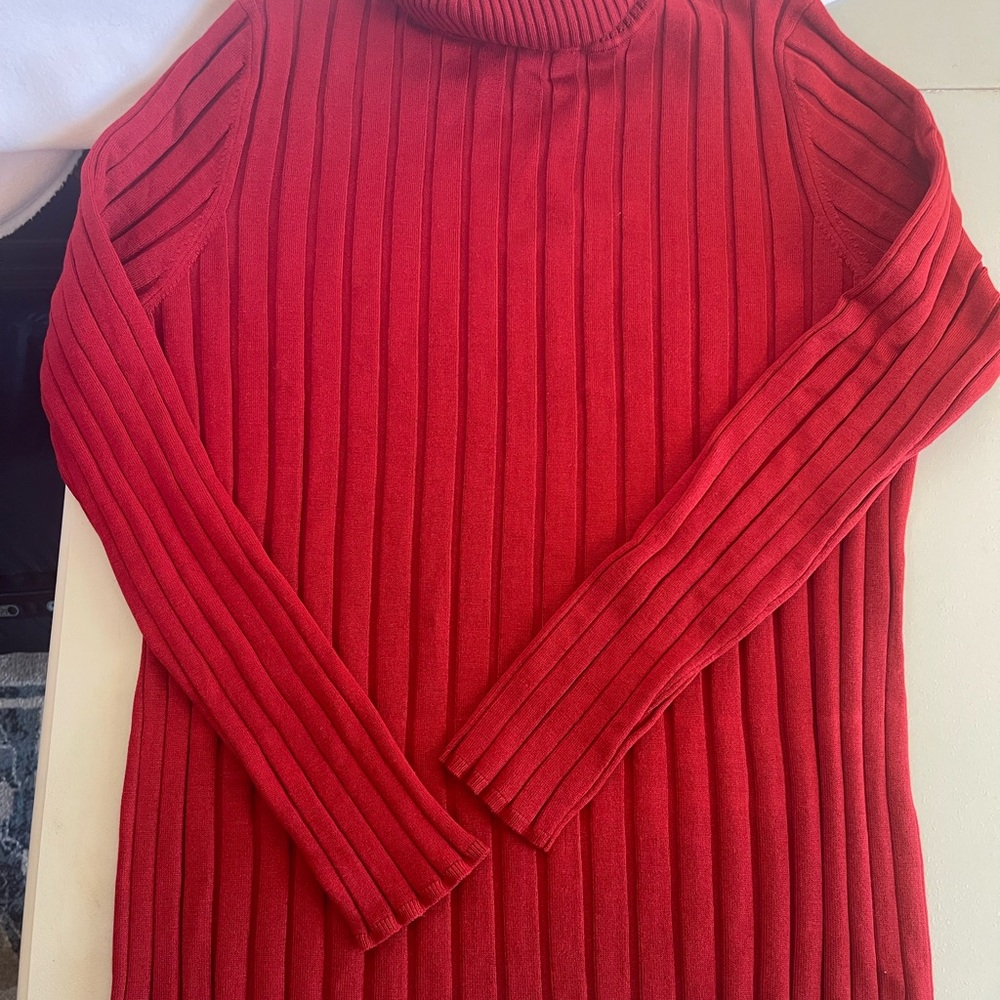 Red Silk Blend Ribbed Turtleneck Sweater XL Stretch Knit Minimalist Luxury Chic - Picture 12 of 14